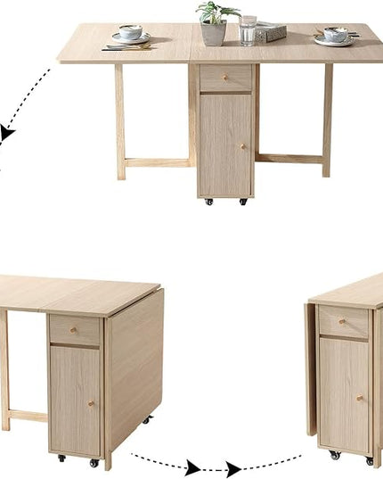 Extendable Drop Leaf Folding Dining Table with 2 Drawers and 4 Wheels for Living Room Kitchen Farmhouse Space Saving Table in Wood Color - LeafyLoom