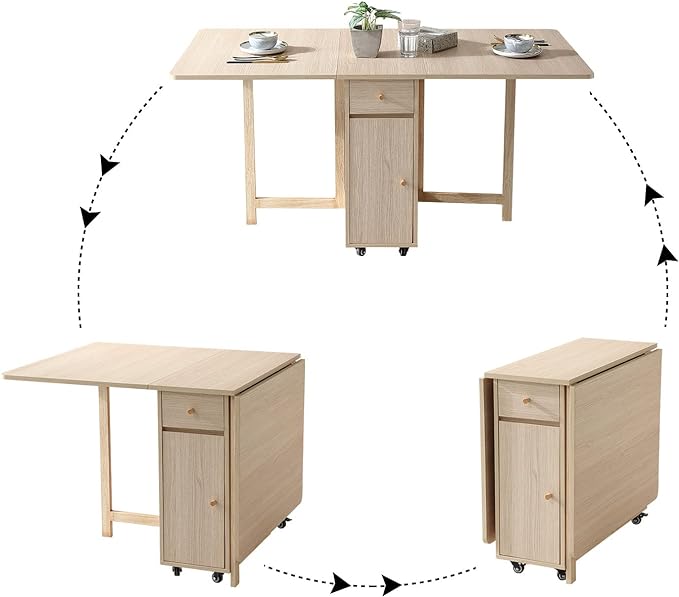 Extendable Drop Leaf Folding Dining Table with 2 Drawers and 4 Wheels for Living Room Kitchen Farmhouse Space Saving Table in Wood Color - LeafyLoom