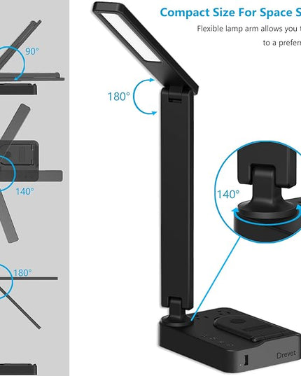 Drevet LED Desk Lamp with Wireless Charger, Desk Table Light with USB Charging Port and 2 Outlets, 3 Lighting Modes, 3 Level Brightness, 1H Timer, Touch Control, Eye-Caring Home Office Foldable Lamp - LeafyLoom