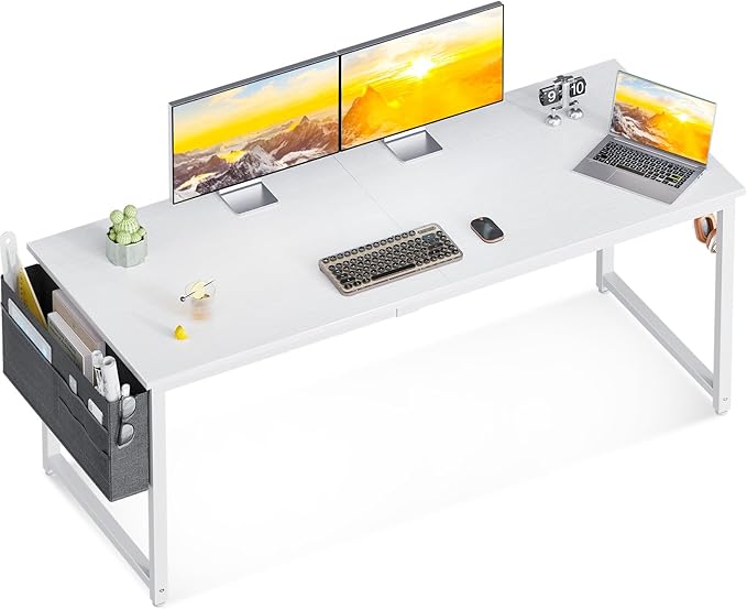 ODK Computer Desk Large Office Desk, 63 Inch Gaming Desk with Storage, Modern PC Desk Work Table with Headphone Hook for Home Office, Spliced Tabletop, White + White Leg - LeafyLoom