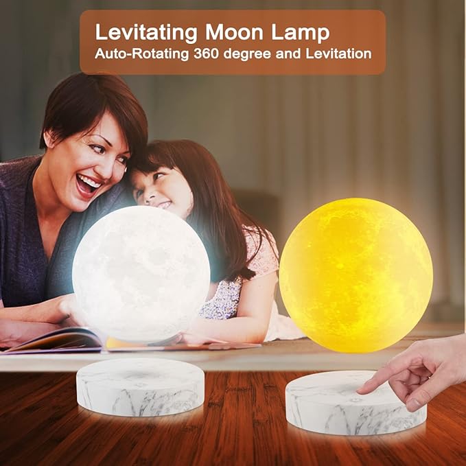 VGAzer Levitating Moon Lamp,Floating and Spinning in Air Freely with 3D Printing LED Moon Light Has 3 Colors for Unique Christmas Gifts,Room Decor (Marble Base 3 Colors) - LeafyLoom