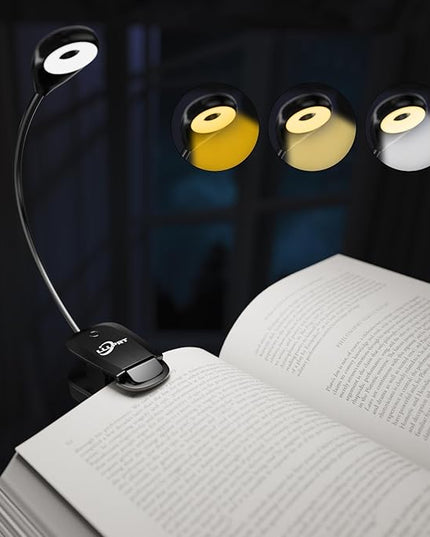 Book Lights for Reading in Bed, 12 LEDs Rechargeable Battery Clip Lamp with 3 Lighting Color, Stepless Dimming, Eye Protection, 80 Hours Runtime, 360° Flexible Gooseneck, Lightweight, Portable - LeafyLoom