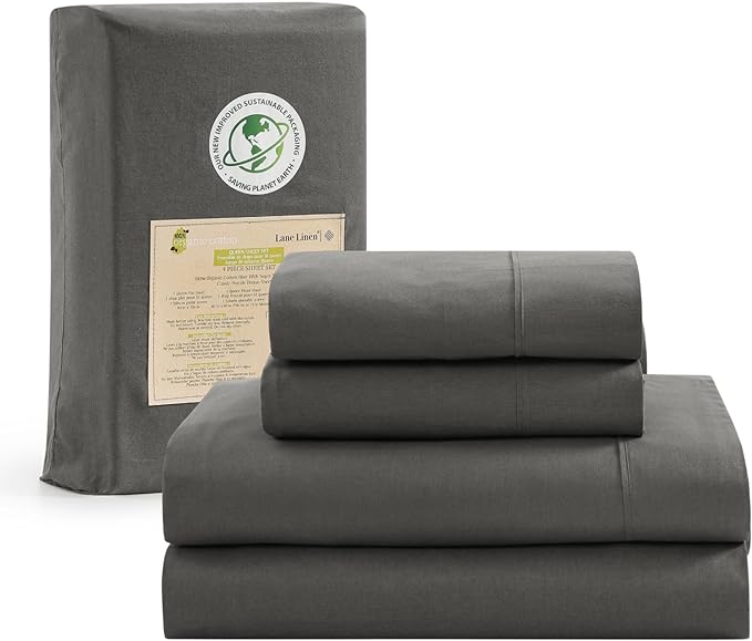 LANE LINEN 100% Organic Cotton Sheets King Size - 4Pc King Sheet Set, Soft Sheets for King Size Sheets, Percale Weave, Hotel Luxury Bed Sheets, 15" King Sheets Deep Pocket, Oeko Tex Sheets - Charcoal - LeafyLoom