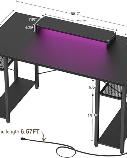 armocity Computer Desk with LED Lights, 55 Inch Desk with Power Outlet and USB, Reversible Large Desk with Moveable Monitor Stand, 55.2'' Gaming PC Table for Home Office, Workstation, Black - LeafyLoom
