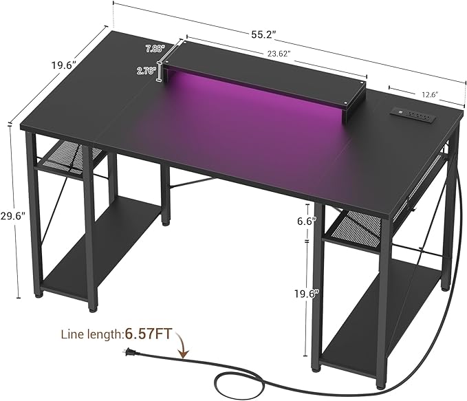 armocity Computer Desk with LED Lights, 55 Inch Desk with Power Outlet and USB, Reversible Large Desk with Moveable Monitor Stand, 55.2'' Gaming PC Table for Home Office, Workstation, Black - LeafyLoom