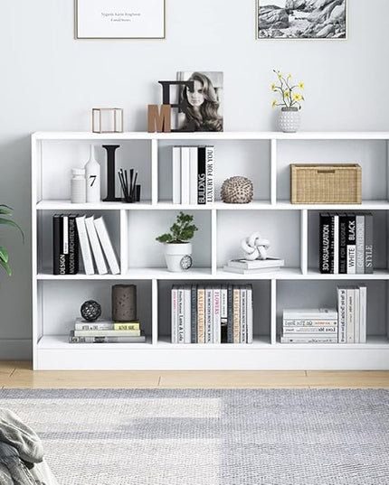IOTXY Open Shelf Low Bookcase - Wooden 3-Tier Floor Standing Display Cabinet Organizer with Base, 10 Cubes Short Horizontal Bookshelf in Warm White - LeafyLoom