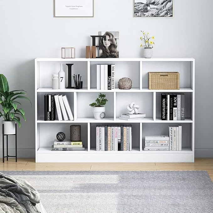 IOTXY Open Shelf Low Bookcase - Wooden 3-Tier Floor Standing Display Cabinet Organizer with Base, 10 Cubes Short Horizontal Bookshelf in Warm White - LeafyLoom