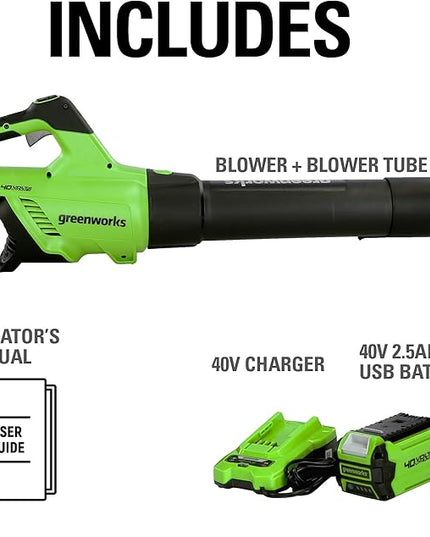 Greenworks 40V (120 MPH / 500 CFM / 75+ Compatible Tools) Cordless Axial Leaf Blower, 2.5Ah Battery and Charger Included - LeafyLoom