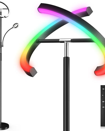 Upgraded RGBCW Floor Lamp with Ring Reading Lamp, Rotatable Remote Control LED Standing Lamp Dimmable Floor Light Modern Standing Light for Living Room Bedroom Home Office, 32W, Black - LeafyLoom