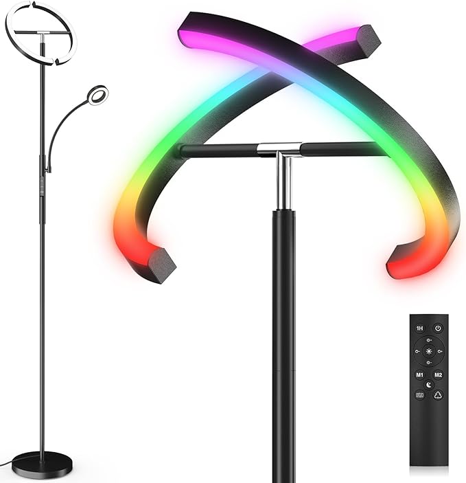 Upgraded RGBCW Floor Lamp with Ring Reading Lamp, Rotatable Remote Control LED Standing Lamp Dimmable Floor Light Modern Standing Light for Living Room Bedroom Home Office, 32W, Black - LeafyLoom