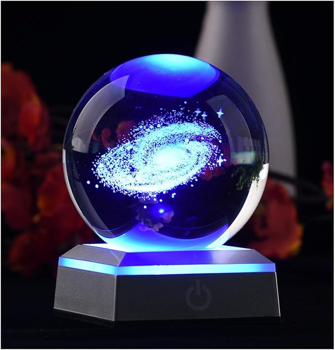 3D Model of Galaxy Crystal Ball, with Led Lamp Stand, Planets Glass Ball, 6 Colors Light, Great Gifts, Home Office Decor, Solar System Sphere with Gift Box - LeafyLoom