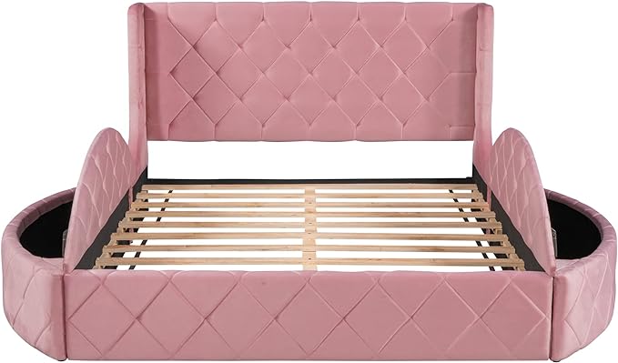 Queen Size Velvet Upholstered Platform Bed with Wingback Headboard, Spacious Drawer, and Convenient Side Storage Stools, Comfort Platform Bed Frame for Home Bedroom, Pink - LeafyLoom