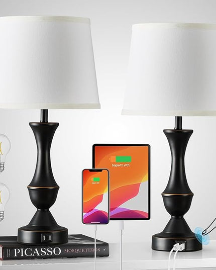 Luvkczc Table Lamps for Bedrooms Set of 2, Touch Bedside Lamps with USB C+A Ports, 3-Way Dimmable White Nightstand lamps, Bed lamp for Reading, Office, Bulbs Included - LeafyLoom