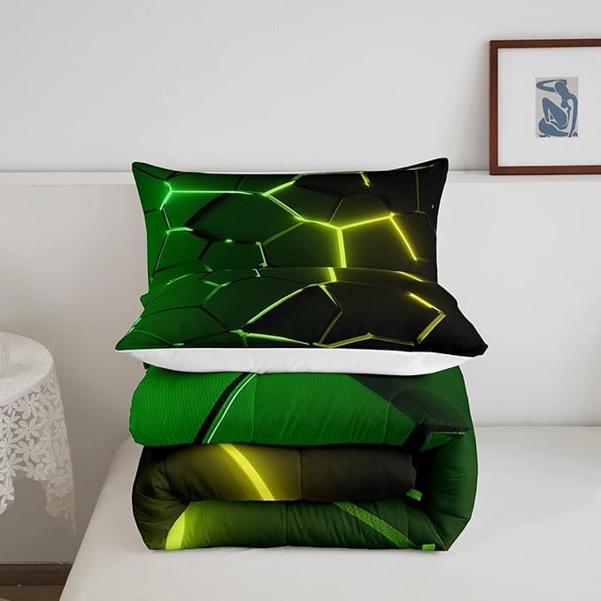 Honeycomb Comforter Green Yellow Hexagonal Print Bedding Set for Kids Boys Girls Children Beehive Geometrical Comforter Set Ultra Soft Decor Reticulated Duvet Set Twin Size - LeafyLoom