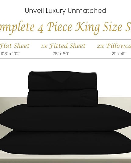 Deep Pocket King Sheet Set Cotton Luxurious Hotel Style 1000 Thread Count Hotel Luxury 100% Egyptian Fits Mattress Up to 18 Inches Solid Pattern King Size 4-Piece Bed Sheet Set (Black) - LeafyLoom