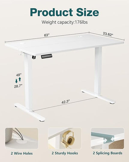 SMUG Standing Desk, Adjustable Height Electric Sit Stand Up Down Computer Table, 63x24 Inch Ergonomic Rising Desks for Work Office Home, Modern Gaming Desktop Workstation, White - LeafyLoom