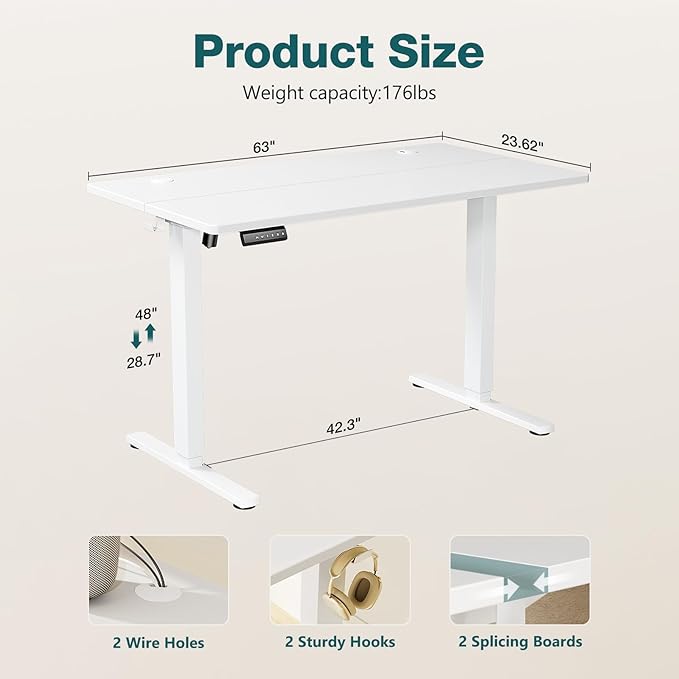 SMUG Standing Desk, Adjustable Height Electric Sit Stand Up Down Computer Table, 63x24 Inch Ergonomic Rising Desks for Work Office Home, Modern Gaming Desktop Workstation, White - LeafyLoom