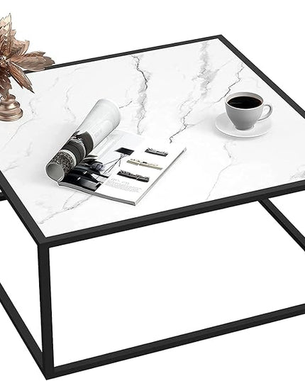 SAYGOER White Coffee Table,Small Square Coffee Table,Modern Center Table for Living Room Office 27.6 * 27.6 * 15.7 Inch, Easy Assembly, White Faux Marble Top - LeafyLoom