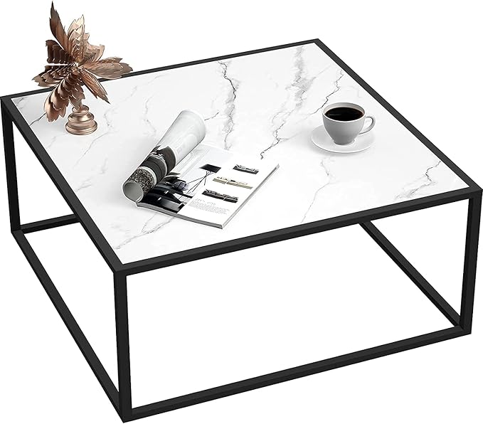SAYGOER White Coffee Table,Small Square Coffee Table,Modern Center Table for Living Room Office 27.6 * 27.6 * 15.7 Inch, Easy Assembly, White Faux Marble Top - LeafyLoom