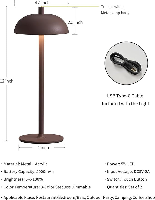 Cordless LED Table Lamp Set of 2, Modern Portable Desk Lamp, 3 Color Stepless Dimming Built-in Rechargeable Battery Lights, for Bedroom, Patio, Outdoor, Restaurant, Bedside Night Lamp(Brown) - LeafyLoom