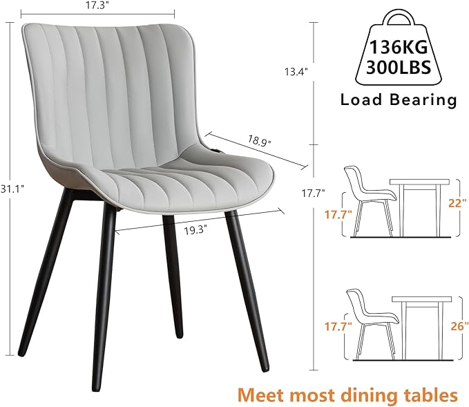 YOUNUOKE Grey Dining Chairs Set of 2 Upholstered Mid Century Modern Kitchen Chairs Armless Faux Leather Accent Guest Chair with Back Metal Legs for Guest Reception Waiting Living Room - LeafyLoom