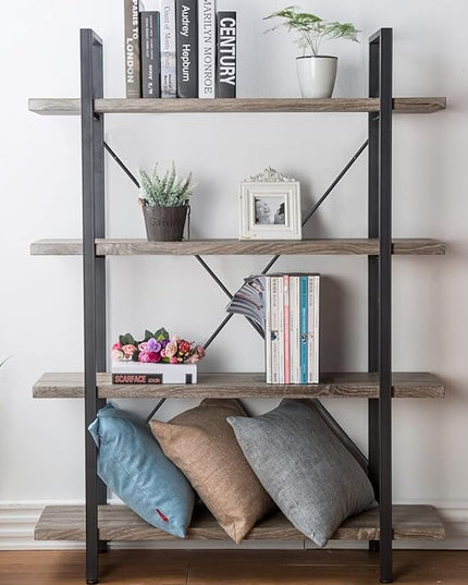 HSH 4-shelf Vintage Industrial Bookshelf, Rustic Gray Wood and Metal 4 Tier Bookcase, Open Wide Etagere Book Shelf for Home Office Livingroom Bedroom Dispaly, Light Grey Oak - LeafyLoom