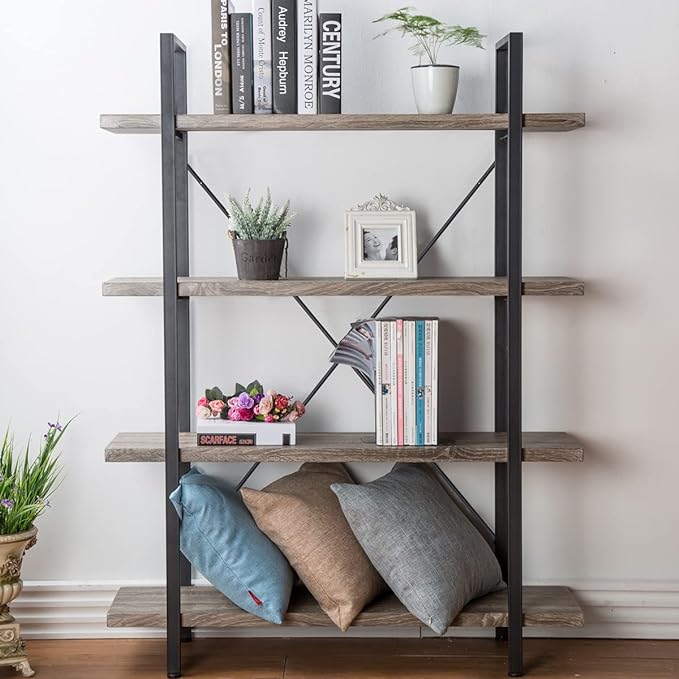 HSH 4-shelf Vintage Industrial Bookshelf, Rustic Gray Wood and Metal 4 Tier Bookcase, Open Wide Etagere Book Shelf for Home Office Livingroom Bedroom Dispaly, Light Grey Oak - LeafyLoom