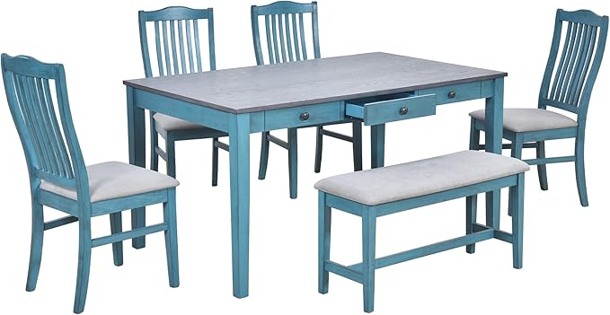 6-Piece Mid-Century Dining, Durable&Soft Wooden Table Set with Drawer, Upholstered Chairs and Bench for Living Room Kitchen, Antique Blue, Small - LeafyLoom