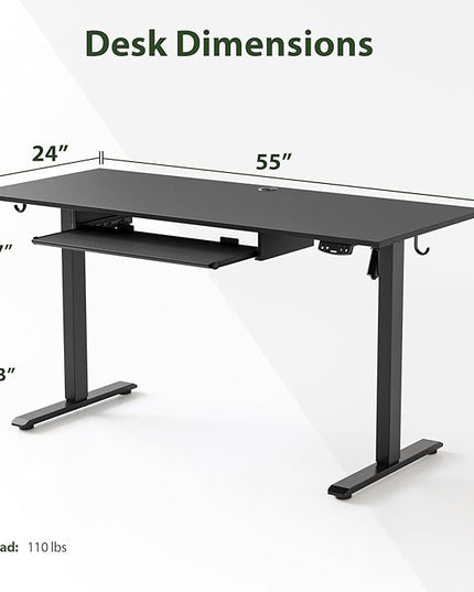 Height Adjustable Desk with Keyboard Tray, 55 x 24 Inches Electric Standing Desk, Stand up Computer Table with Memory Preset, Gaming Modern Lift Motorized Gaming Workstation, Black - LeafyLoom