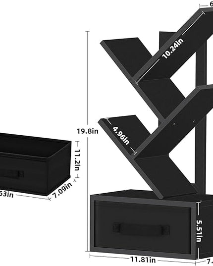 Small Book Shelf with Drawer,4 Tier Black Tree Bookshelf,Wooden Desktop Bookcase,Modern Desk Display Storage Bookshelves,Floor Standing Organizer Bookcases for Living Room,Bedroom,Office - LeafyLoom