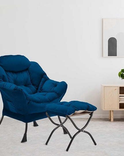 Lazy Chair with Folding Ottoman, Accent Chair Velvet Upholstered with Metal Structure and Non-Slip Pads, Sofa Armchair with Footrest and Side Storage Bag for Dorm, Room, Office, Blue - LeafyLoom