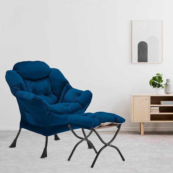 Lazy Chair with Folding Ottoman, Accent Chair Velvet Upholstered with Metal Structure and Non-Slip Pads, Sofa Armchair with Footrest and Side Storage Bag for Dorm, Room, Office, Blue - LeafyLoom