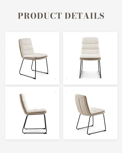 Dining Chairs Set of 2, Upholstered Dining Room Kitchen Chairs with Metal Legs, Modern Fabric PU Leather Side Chairs for Home Office, Cream - LeafyLoom