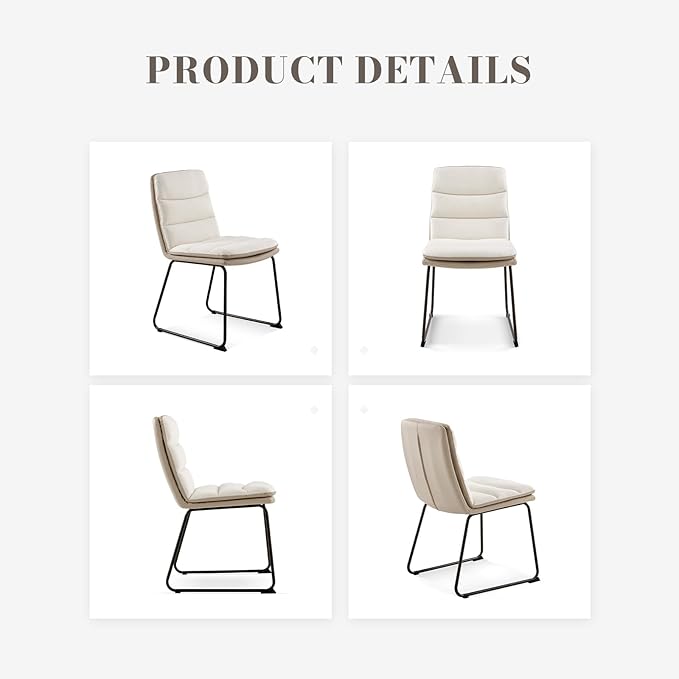 Dining Chairs Set of 2, Upholstered Dining Room Kitchen Chairs with Metal Legs, Modern Fabric PU Leather Side Chairs for Home Office, Cream - LeafyLoom