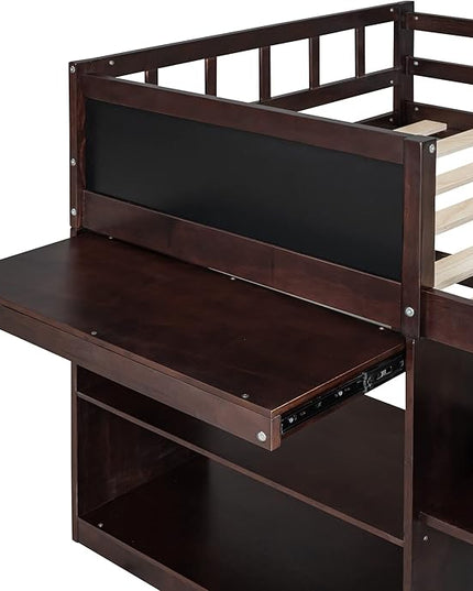 Loft Bed Frame, Twin Size Low Loft Bed with Small Rolling Desk, Chalkboard, 2 Shelves and 2 Storage Drawers for Kids Boys Girls Teens Bedroom, Space Saving Design, Espresso - LeafyLoom