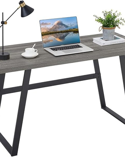 BON AUGURE 55 inch Modern Writing Desk, Rustic Computer Desk for Home Office, Sturdy Simple Wood and Metal Desk, Industrial Work Study Table (Dark Grey Oak) - LeafyLoom