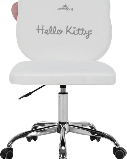 Impressions Vanity Hello Kitty Kawaii Swivel Vanity Chair for Makeup Room, Adjustable Height Cute Desk Chair with Wheels Rolling, Comfy Polyurethane Foam Back Armless Chair for Dorm (White) - LeafyLoom