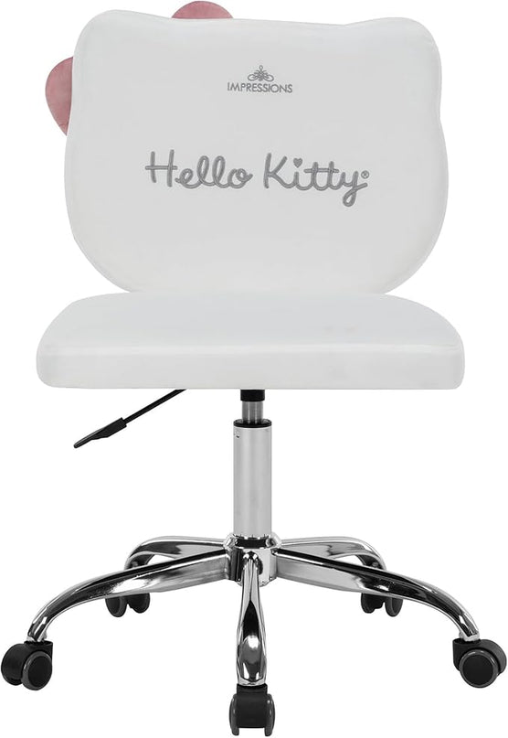 Impressions Vanity Hello Kitty Kawaii Swivel Vanity Chair for Makeup Room, Adjustable Height Cute Desk Chair with Wheels Rolling, Comfy Polyurethane Foam Back Armless Chair for Dorm (White) - LeafyLoom