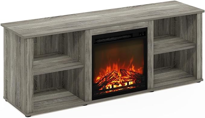 Furinno Classic 60 Inch TV Stand with Fireplace, French Oak Grey - LeafyLoom