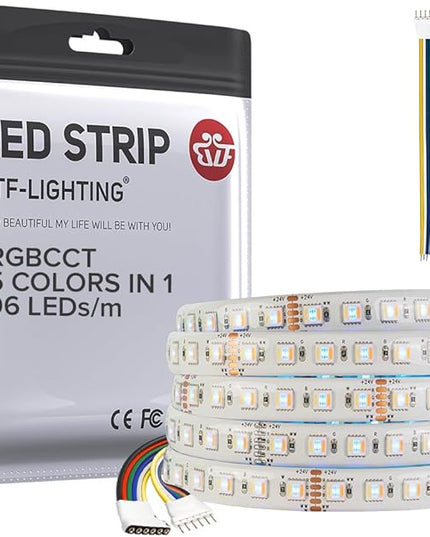 BTF-LIGHTING RGBCCT 5 Colors in 1 LED Tape Lights 5050SMD RGBWW RGB+Dimmable Color Temperature 2700K-6500K 16.4ft 96LED/m 480LED IP65 DC24V White PCB for Home Decoration(No Adapter or Controller) BTF-LIGHTING