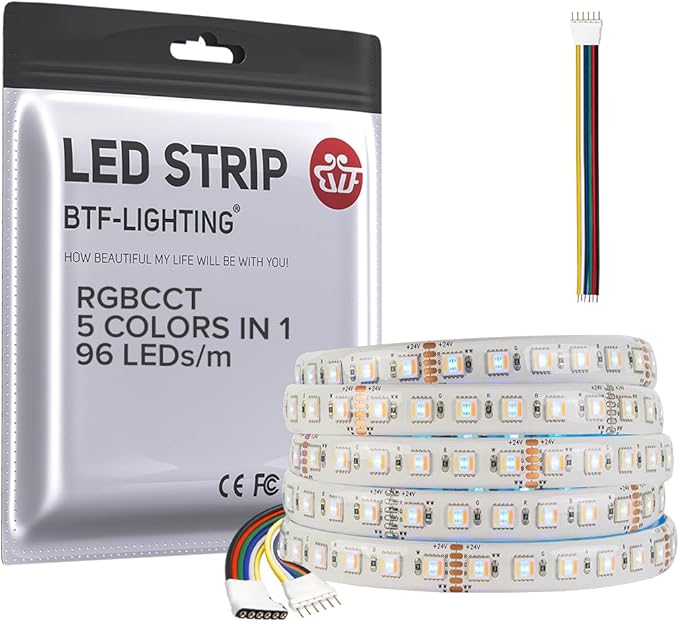 BTF-LIGHTING RGBCCT 5 Colors in 1 LED Tape Lights 5050SMD RGBWW RGB+Dimmable Color Temperature 2700K-6500K 16.4ft 96LED/m 480LED IP65 DC24V White PCB for Home Decoration(No Adapter or Controller) BTF-LIGHTING