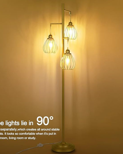 Lakumu Industrial Floor Lamp for Living Room, Golden Farmhouse Floor Lamp with 3 Elegant Teardrop Cage Heads & ST58 Edison LED Bulbs, Sturdy Base Tall Vintage Pole Light, Rustic Floor Lamp for Bedroom - LeafyLoom