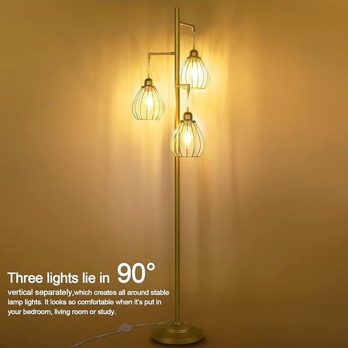 Lakumu Industrial Floor Lamp for Living Room, Golden Farmhouse Floor Lamp with 3 Elegant Teardrop Cage Heads & ST58 Edison LED Bulbs, Sturdy Base Tall Vintage Pole Light, Rustic Floor Lamp for Bedroom - LeafyLoom