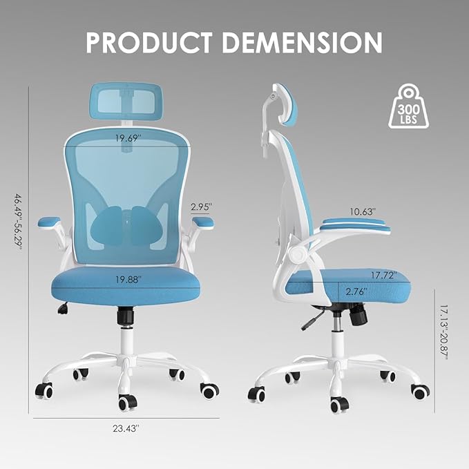Farini Ergonomic Office Chair, Home Office Desk Chair with Headrest, High Back Computer Chair with Flip-up Armrests and Adjustable Lumbar Support for Home Office Study Room (with Headrest, Blue) - LeafyLoom
