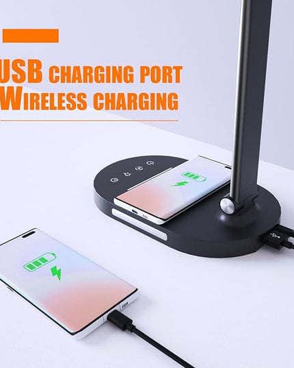 Clearance LED Desk Lamp with Wireless Charger for Home Office, Table Lamp with 2 Night Light for Bedroom, with USB Charging Port, 60min Timer AUTO-OFF, 5 Modes Dimmable Office Lamp, Adjustable, Black - LeafyLoom