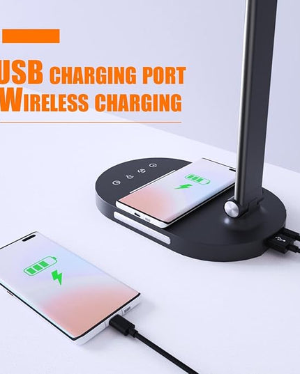 Clearance 12W Bright Desk Lamp for Home Office, Wireless Charger, USB Charging Port, 2 Night Light, 1H Timer AUTO-OFF, 5 Modes Dimmable 80 LED Desk Light, Adjustable 2 Office Lamp for Work, Computer - LeafyLoom