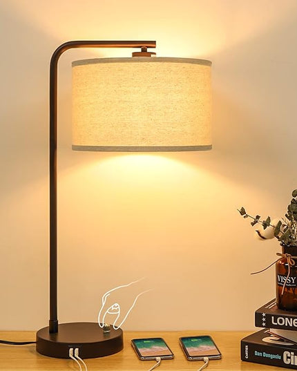 Side Table Lamp with Dual USB Ports, Dimmable Bedside Lamp Modern Nightstand Lamp Desk Reading Lamp with Linen Lampshade for Bedroom, Living Room, Study Room, Office, 9W 3000K LED Bulb Included - LeafyLoom