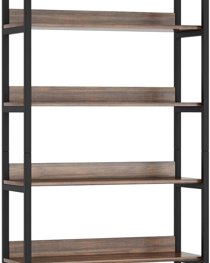 Tribesigns 5-shelf Arched Bookcase Set of 2, Rustic Wood Shelf with Black Metal Frame, Industrial Metal Etagere Open Bookshelf (2, Brown+Black) - LeafyLoom