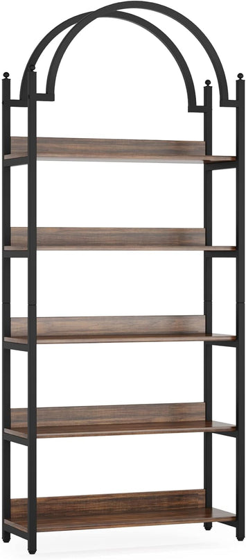 Tribesigns 5-shelf Arched Bookcase Set of 2, Rustic Wood Shelf with Black Metal Frame, Industrial Metal Etagere Open Bookshelf (2, Brown+Black) - LeafyLoom