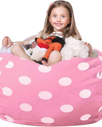 Wekapo Stuffed Animal Storage Bean Bag Chair Cover for Kids | Stuffable Zipper Beanbag for Organizing Children Plush Toys Large Premium Cotton Canvas (Pink Dot, X-Large) - LeafyLoom